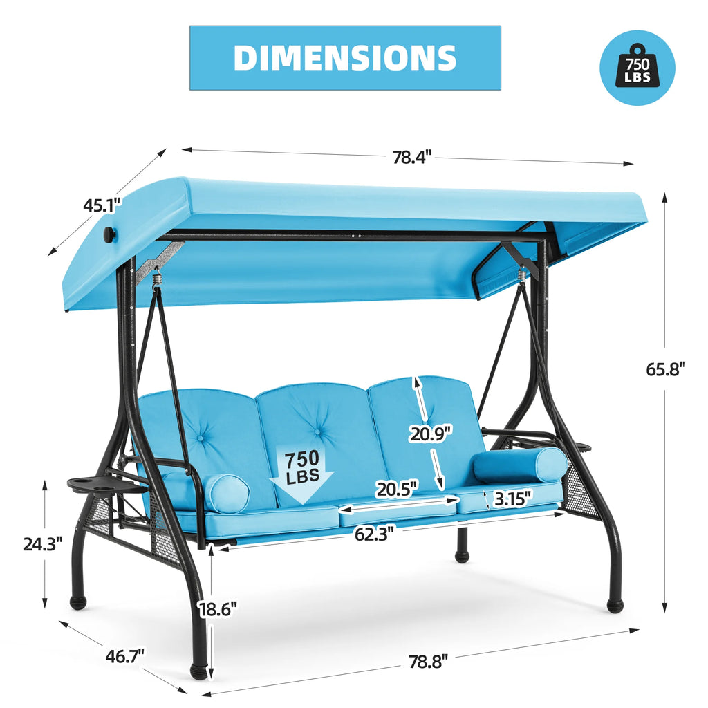 Homrest 3 Seat Outdoor Porch Swing with Adjustable Canopy, Cushions, and Cup Holder - Wine Red