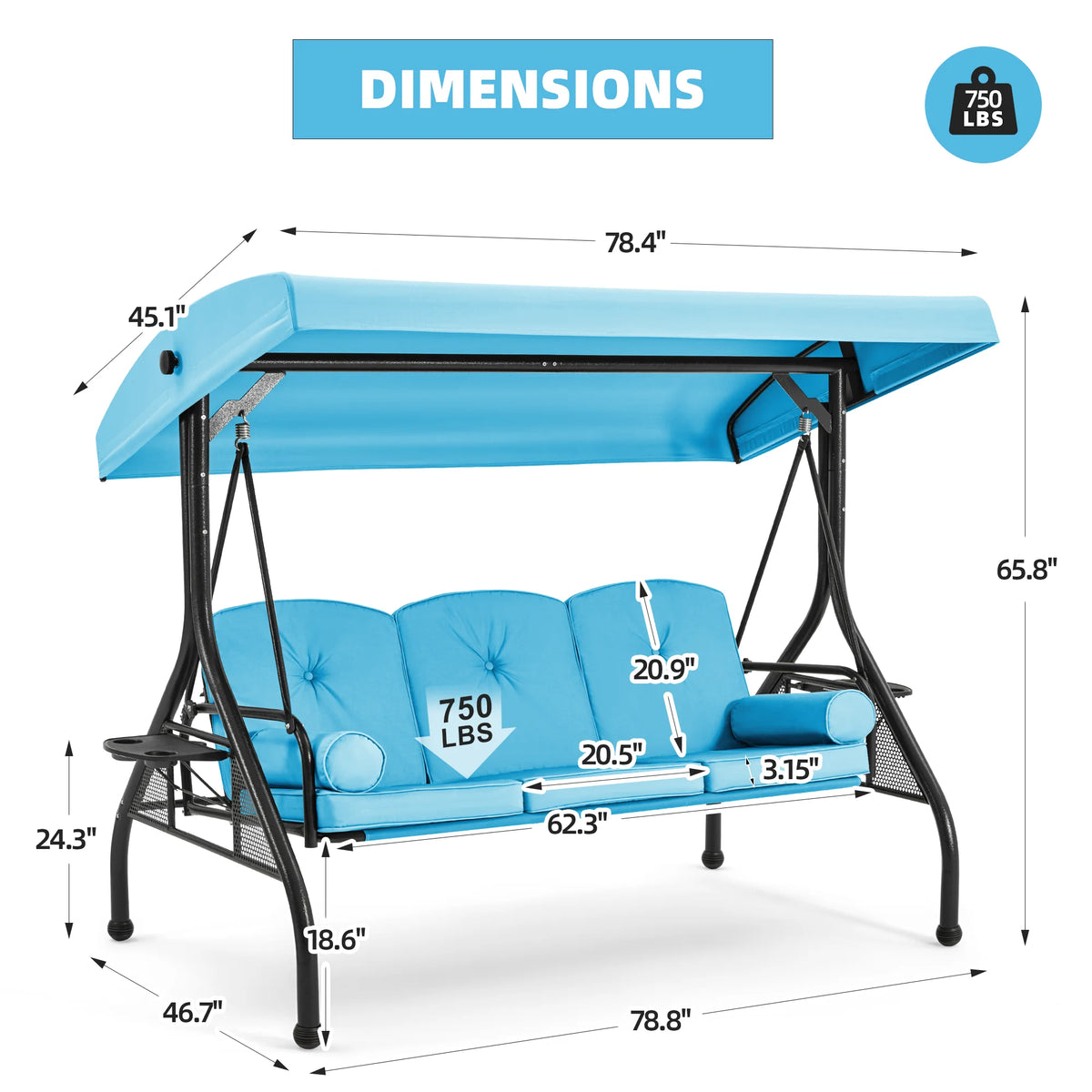 Homrest 3 Seat Outdoor Porch Swing with Adjustable Canopy, Cushions, and Cup Holder - Wine Red