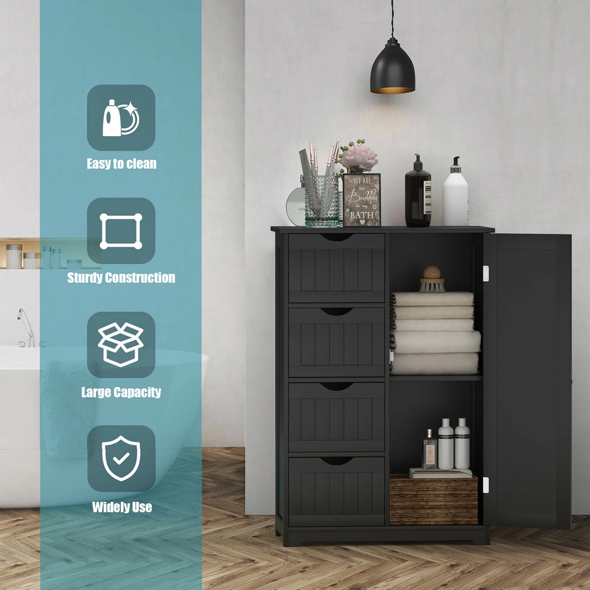 Bathroom Storage Wooden 4 Drawer Cabinet Cupboard 2 Shelves Free Standing White