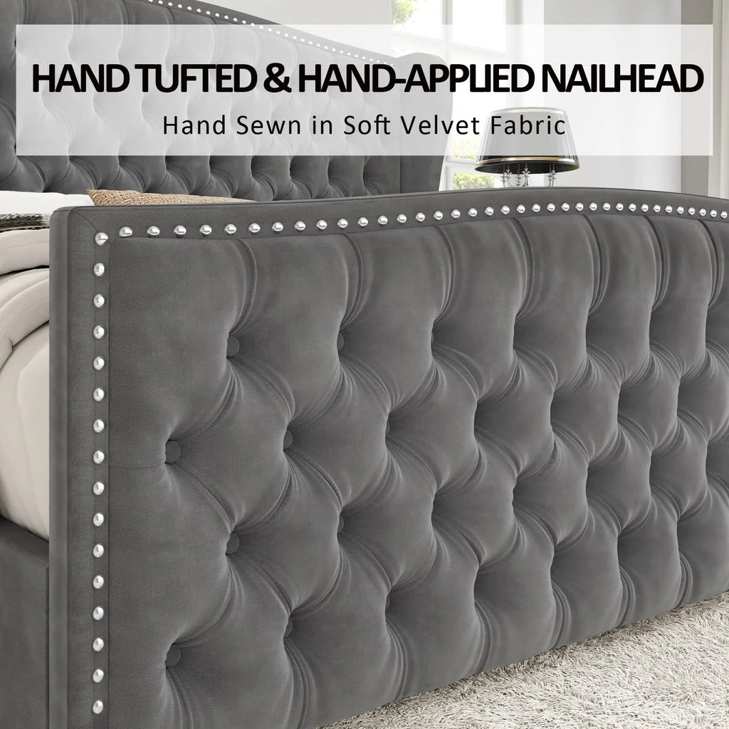 VANACC Queen Size Bed Frame, Velvet Upholstered Bed with Deep Button Tufted Wingback Headboard Grey