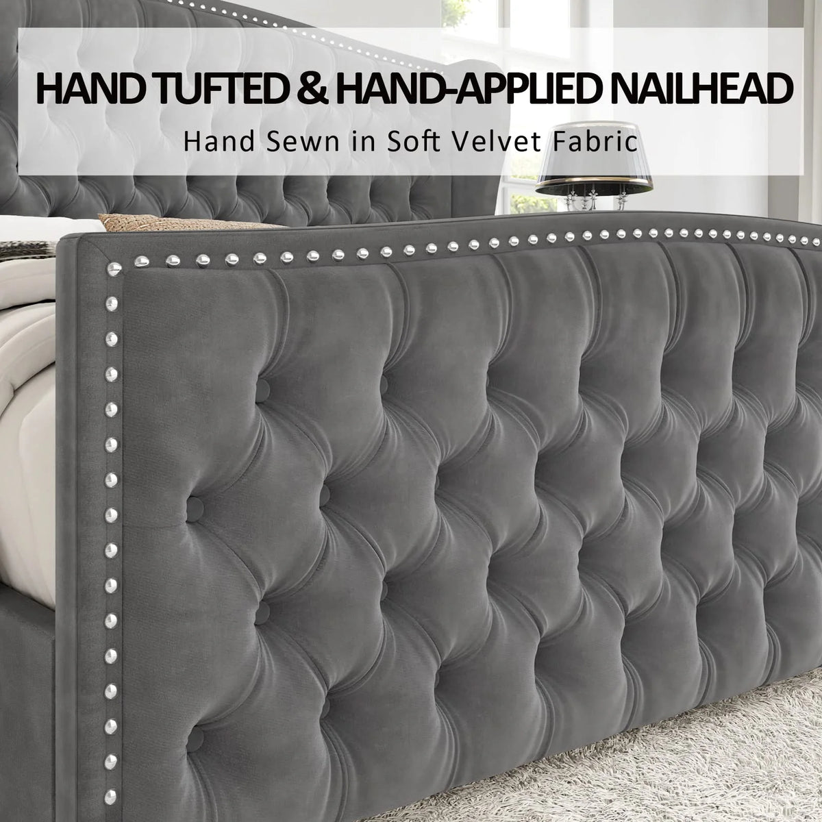 VANACC Queen Size Bed Frame, Velvet Upholstered Bed with Deep Button Tufted Wingback Headboard Grey