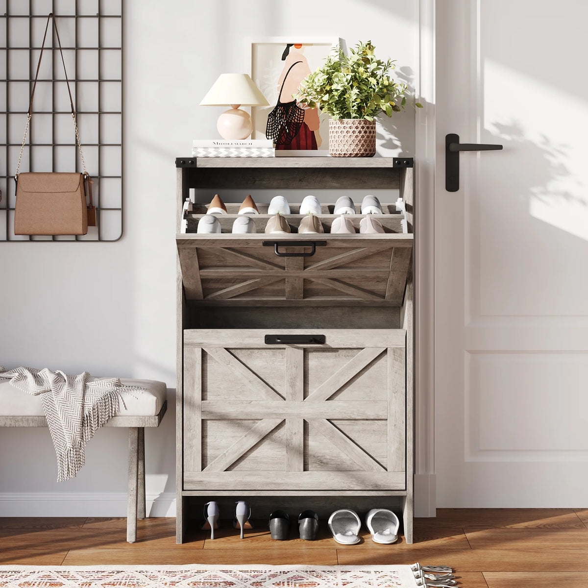 VEANERWOOD Shoes Storage Cabinet With Doors, Farmhouse Shoe Cabinet With 2 Flip Drawers For Entryway,Gray