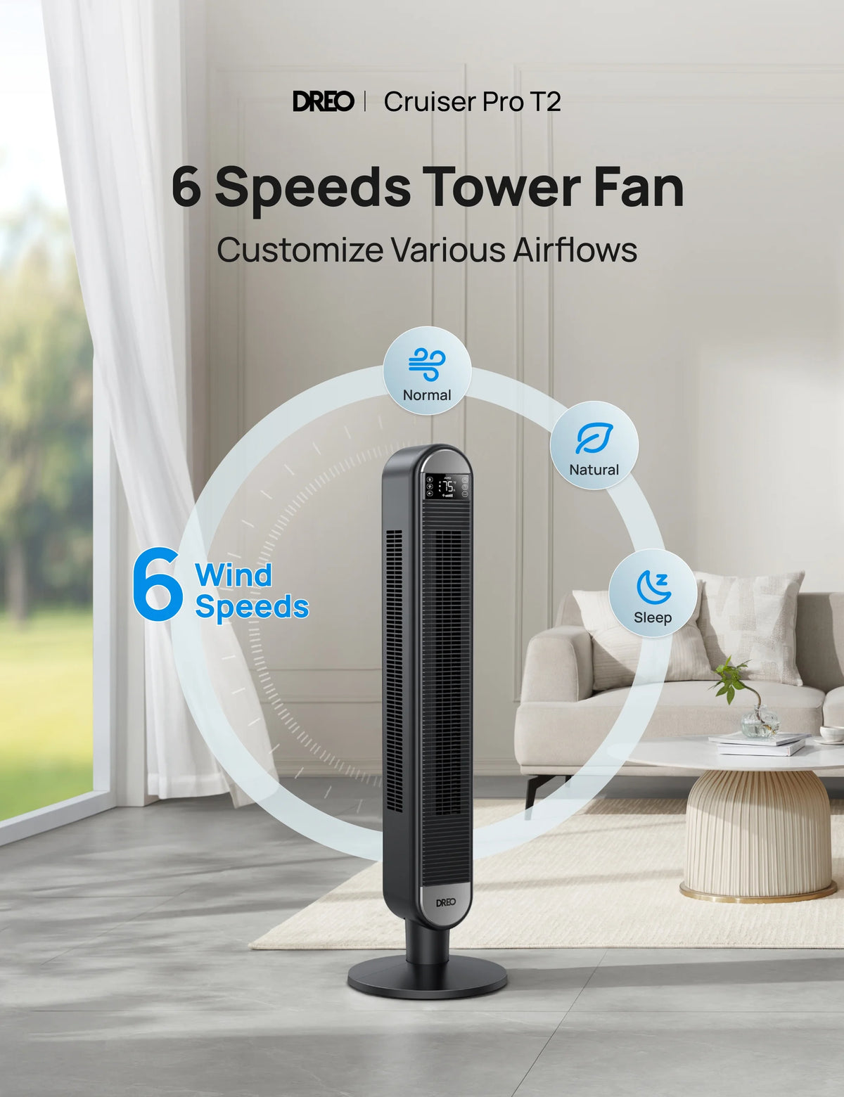 Dreo Tower Fan for Home, 42" Standing Fan with Remote, 90 Oscillating Fan for Indoors, 34dB Quiet Bedroom Fans, 6 Speeds, 4 Modes, 12H Timer, Bladeless Fan with LED Display, 26 ft/s High Velocity