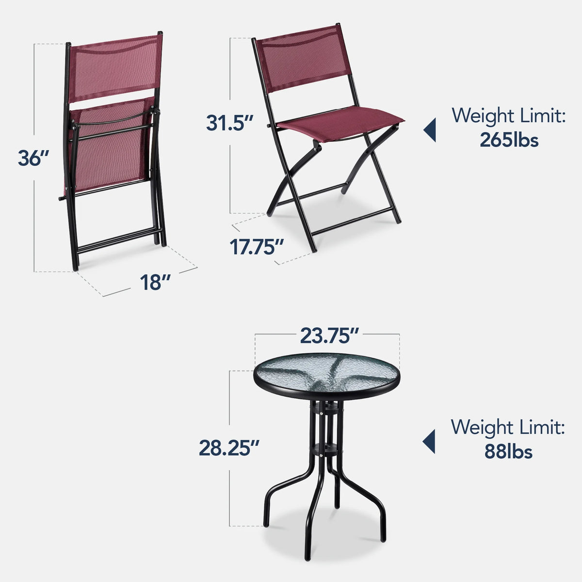 Best Choice Products 3-Piece Patio Bistro Dining Furniture Set w/ Glass Tabletop, Folding Chairs - Gray