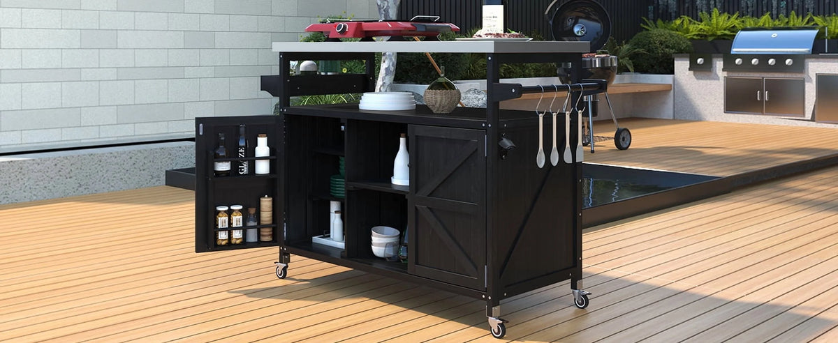 Outdoor Kitchen Island, Rolling Bar Cart & Storage Cabinet, Farmhouse Solid Wood Outdoor Grill Table with Stainless Steel Top, Spice Rack , Towel Rack for Kitchen & BBQ , Natural