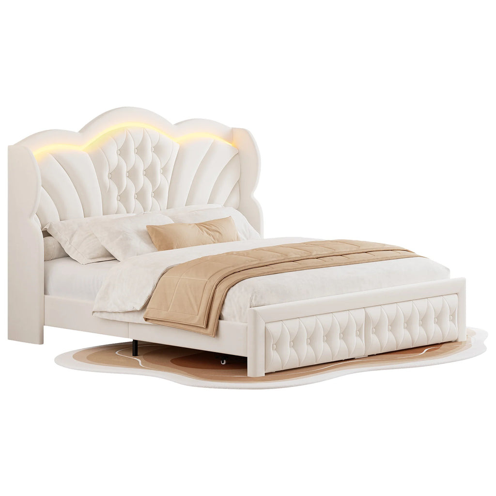 Hiphuta Modern Queen Bed Frame with 2 Drawers, LED Lights Platform Bed Frame, Sturdy Beds Frame with Upholstered Button Tufted Headboard, Velvet White