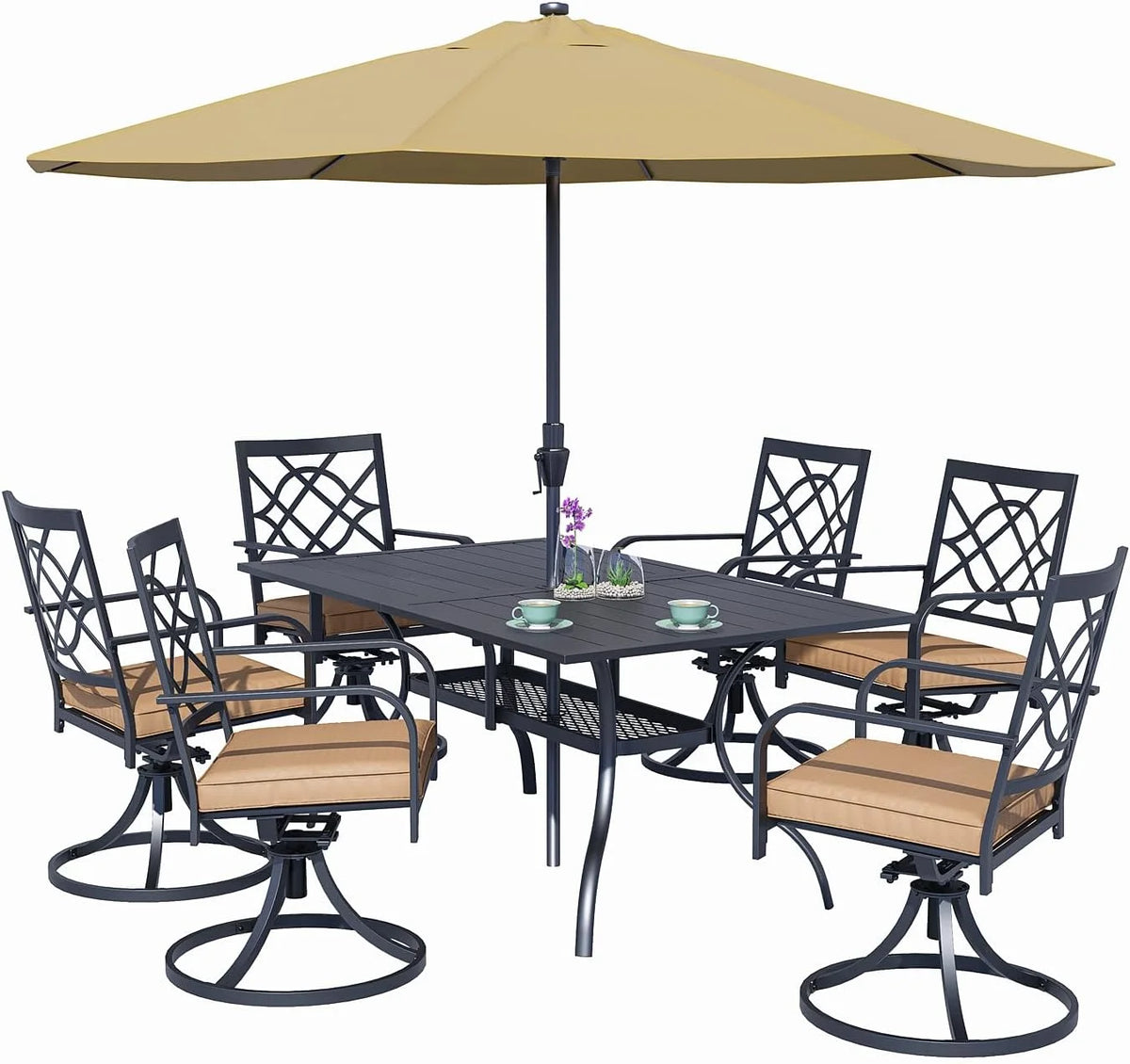 SUNCROWN 5-Piece Outdoor Wrought Iron Chairs and Table Patio Dining Furniture Set - 4 Stackable Metal Chairs, 1 Steel Slat Bistro Table and 1 Sky Blue 9Ft Patio Umbrella for Garden Backyard Deck