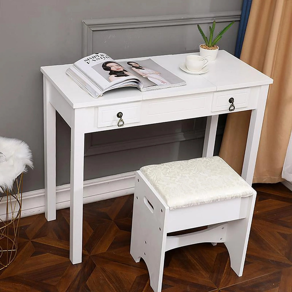 Ktaxon Vanity Set,Flip-top Mirror Dressing Table Makeup Vanity Table Writing Desk with 2 Drawers and Stool, White