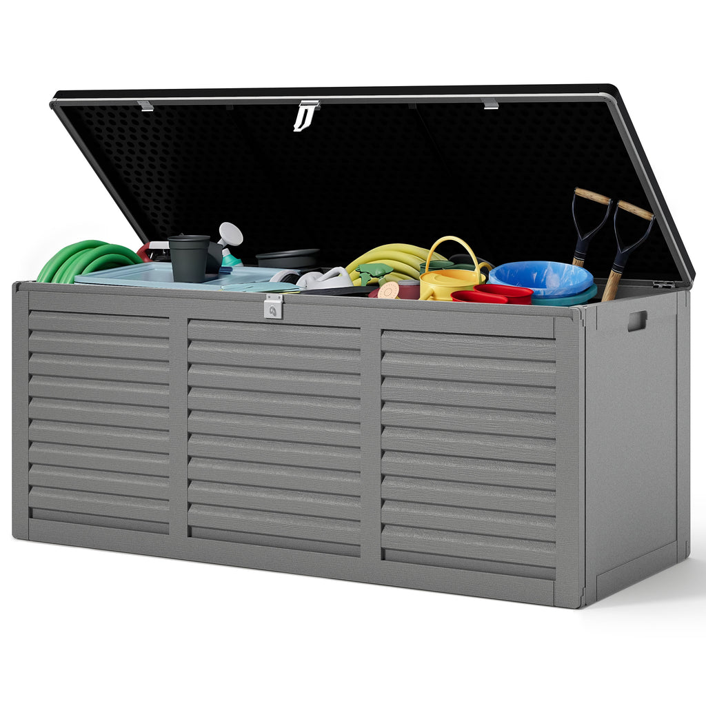 130 Gallon Resin Deck Box, Outdoor Lockable Storage Container for Patio Cushions, Garden Tools, Pool Supplies, Toys, Waterproof and UV Resistant, Reinforced Rib Design, Gray