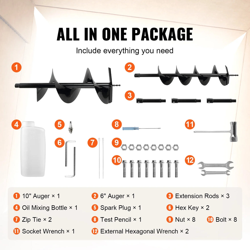 BENTISM Post Hole Digger 52cc Gas Powered Earth Digger 2 Auger Drill Bit 6" & 10"