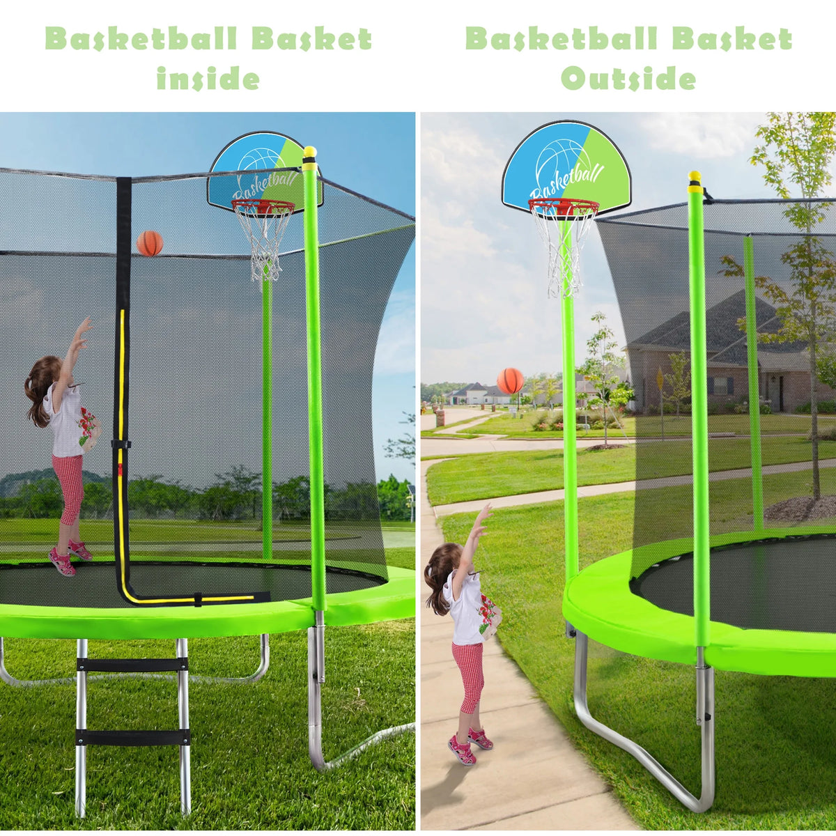 Noble House 8FT Outdoor Trampoline for Kids with Safety Enclosure Net, Basketball Hoop & Ladder, Blue