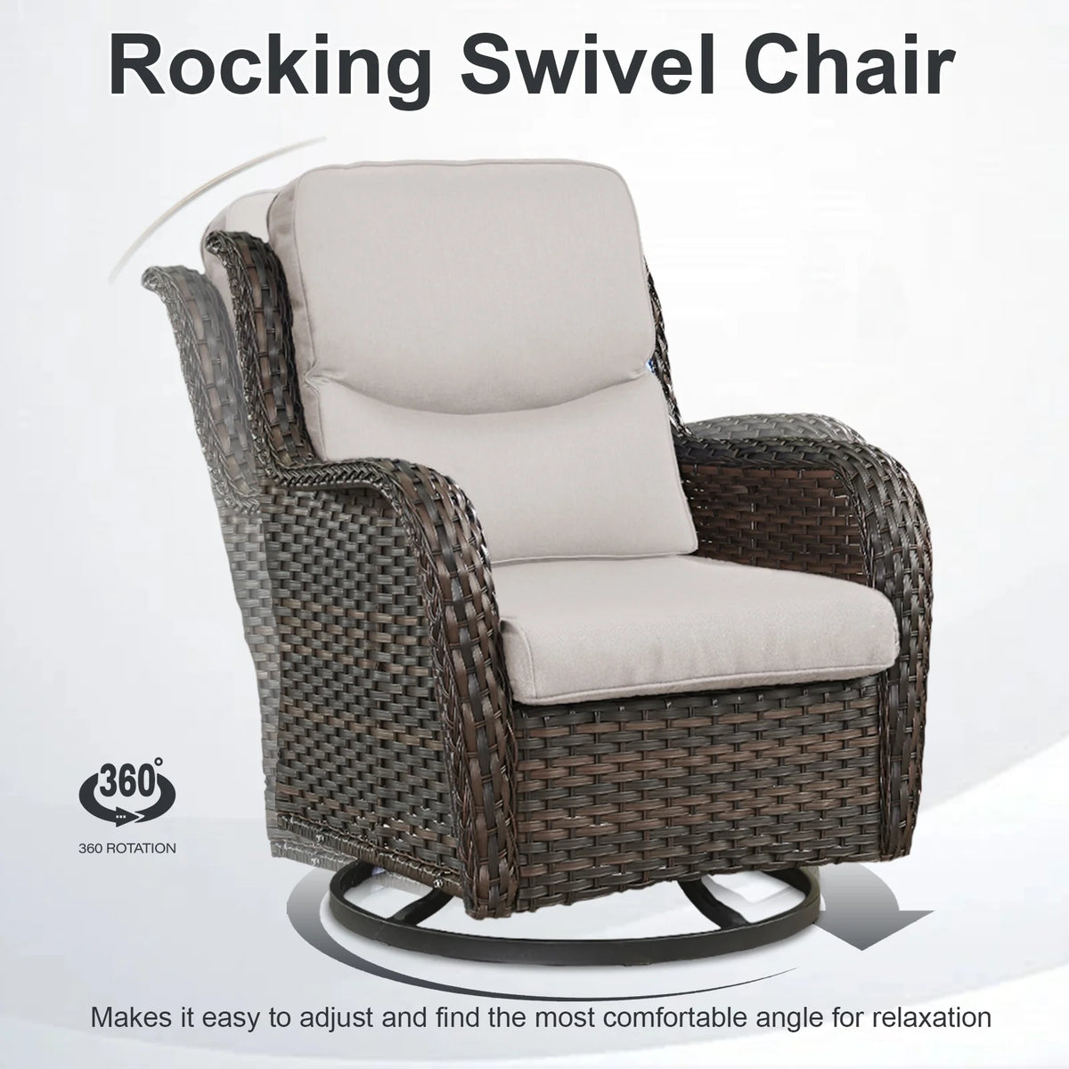 POCASSY Patio Swivel Chairs, Outdoor Wicker Swivel Glider Rocking Chairs with High Back and Thick Cushions for Porch Deck - Set of 2, Beige