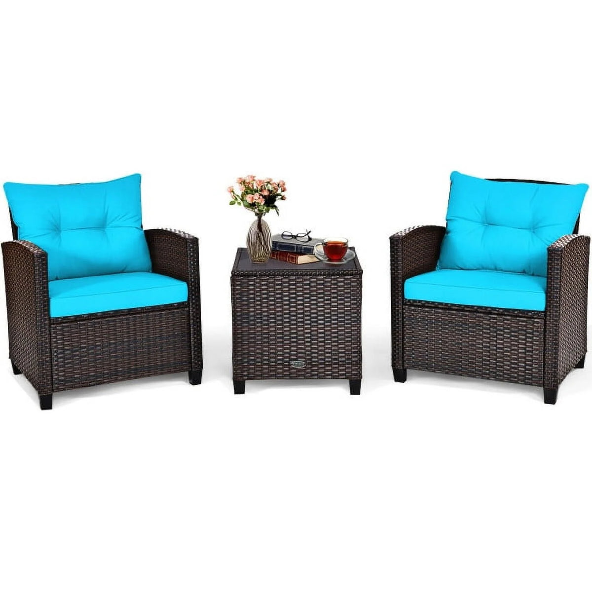 Spaco Patio Furniture 4 Pieces Patio Rattan Furniture Set, Outdoor Wicker Rattan Chairs Garden Backyard Balcony Porch Poolside loveseat with Coffee Table Cushioned Sofa-White