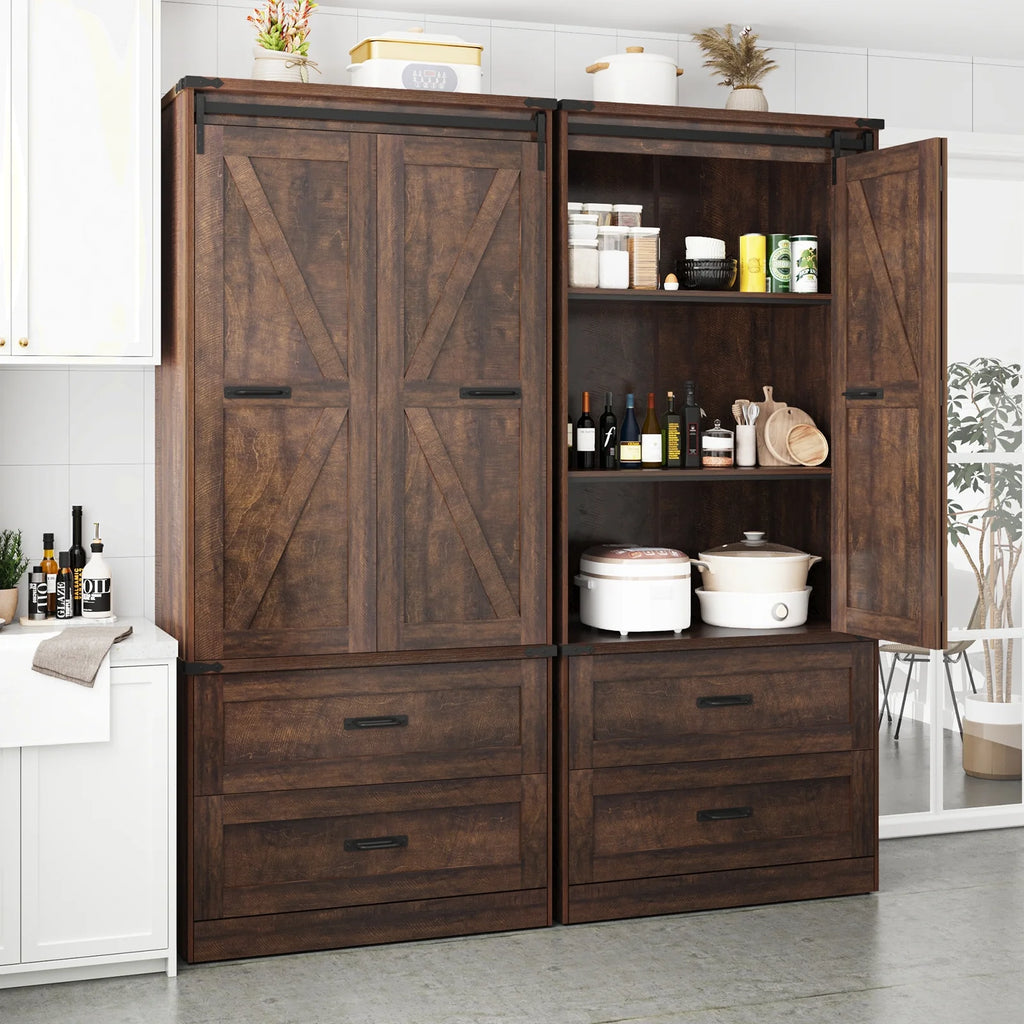 72''Tall Farmhouse Kitchen Pantry Cabinet, 3 Layers Storage Cabinet with Adjustable Shelves, 2 Drawer, Folding Door, Versatile Large Rustic Cabinet for Kitchen, Dining Room, Living Room, Bathroom