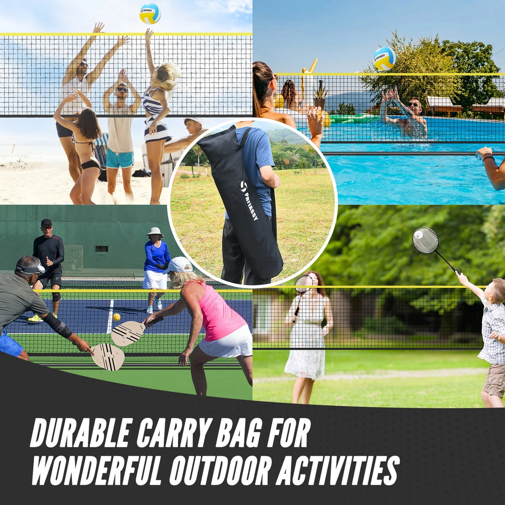 Patiassy 5.1ft-7.4ft Adjustable Height Volleyball Badminton Pickleball Net Set with Poles, 4 Rackets, 3 Shuttlecocks, 4 Pickleball Paddles , and Volleyball
