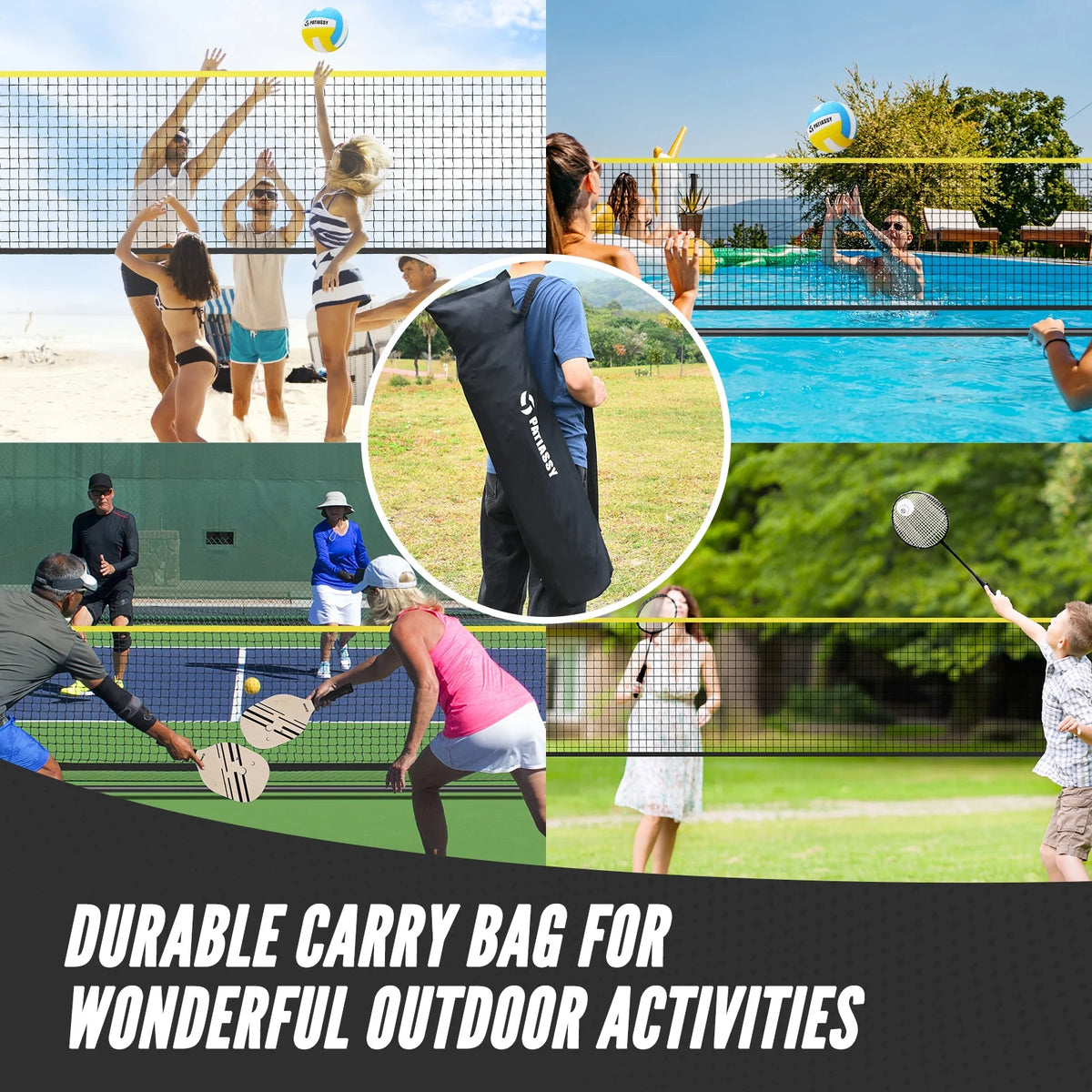 Patiassy 5.1ft-7.4ft Adjustable Height Volleyball Badminton Pickleball Net Set with Poles, 4 Rackets, 3 Shuttlecocks, 4 Pickleball Paddles , and Volleyball