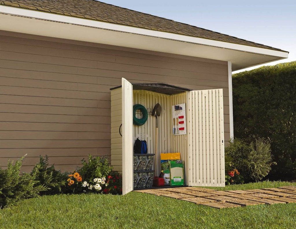 Rubbermaid Outdoor Medium Vertical Storage Shed, Resin, Beige, 72" H x 53.2" W x  57" L