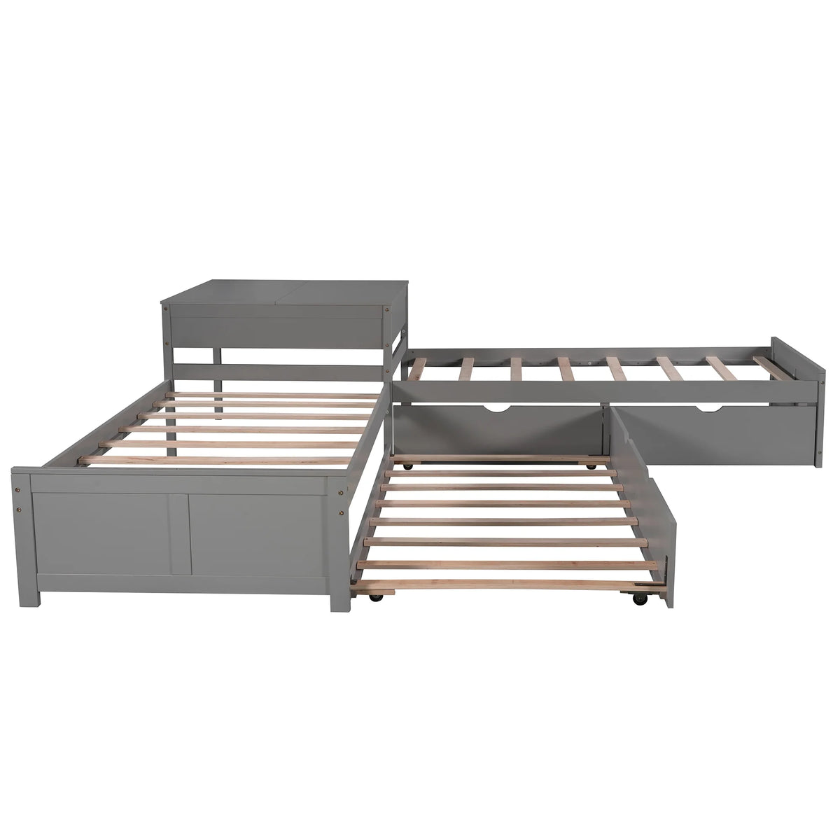 Euroco Wood Twin Size L-Shaped Platform Bed with Square Storage Table for Kids Teens, 2 Platform Beds with Trundle and Drawers for Living Room, 3 Twin Beds, Gray