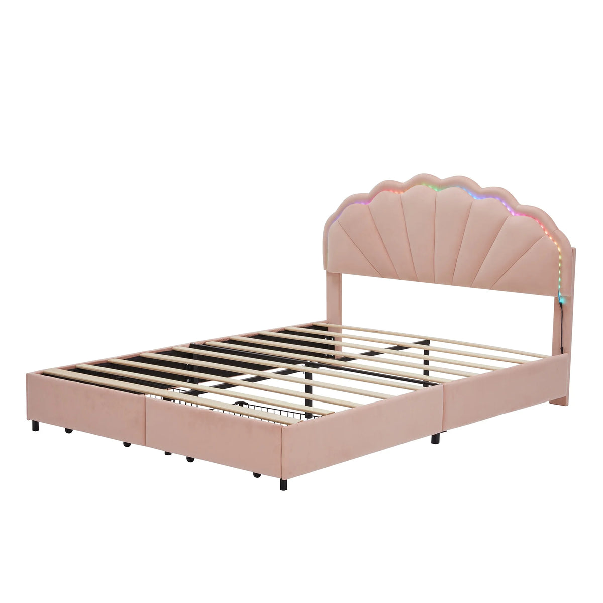PORKISS Full Size LED Bed Frame with Drawers, Velvet Upholstered Bed, Princess Platform Bed with Chic Double Petal Headboard for Adults Teens, Pink