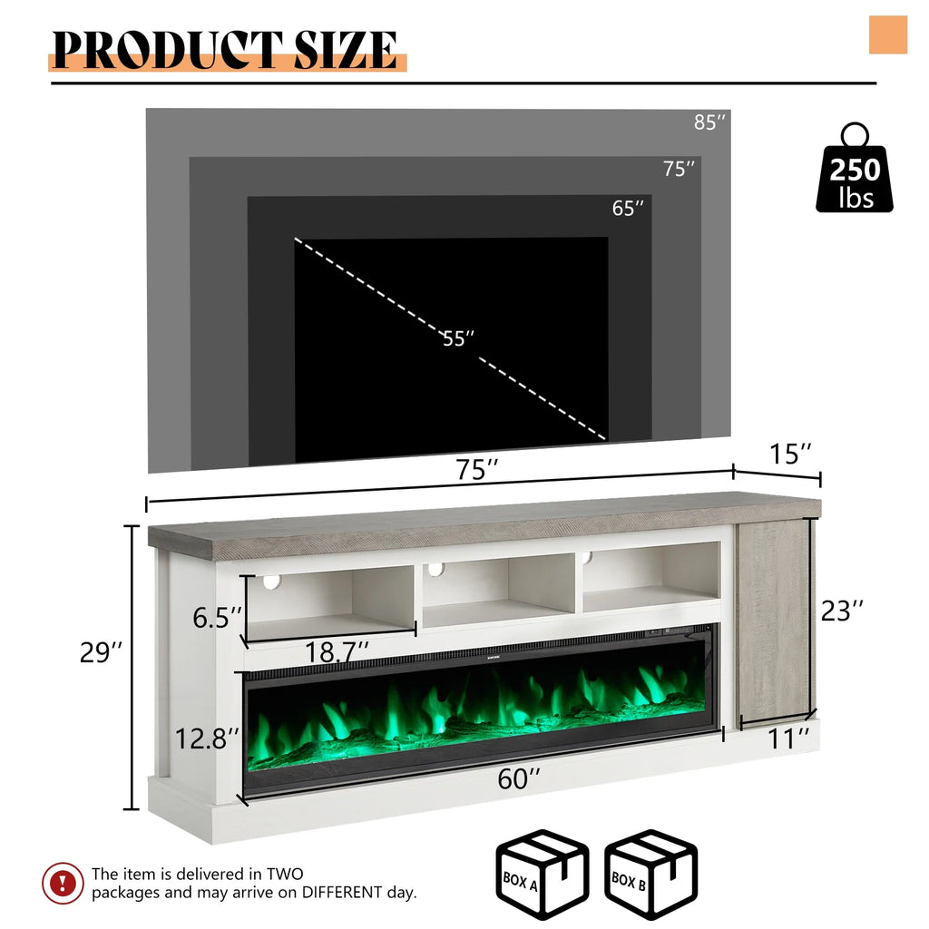 Merluxy 75" Fireplace TV Stand for TVs up to 85", Black & Brown