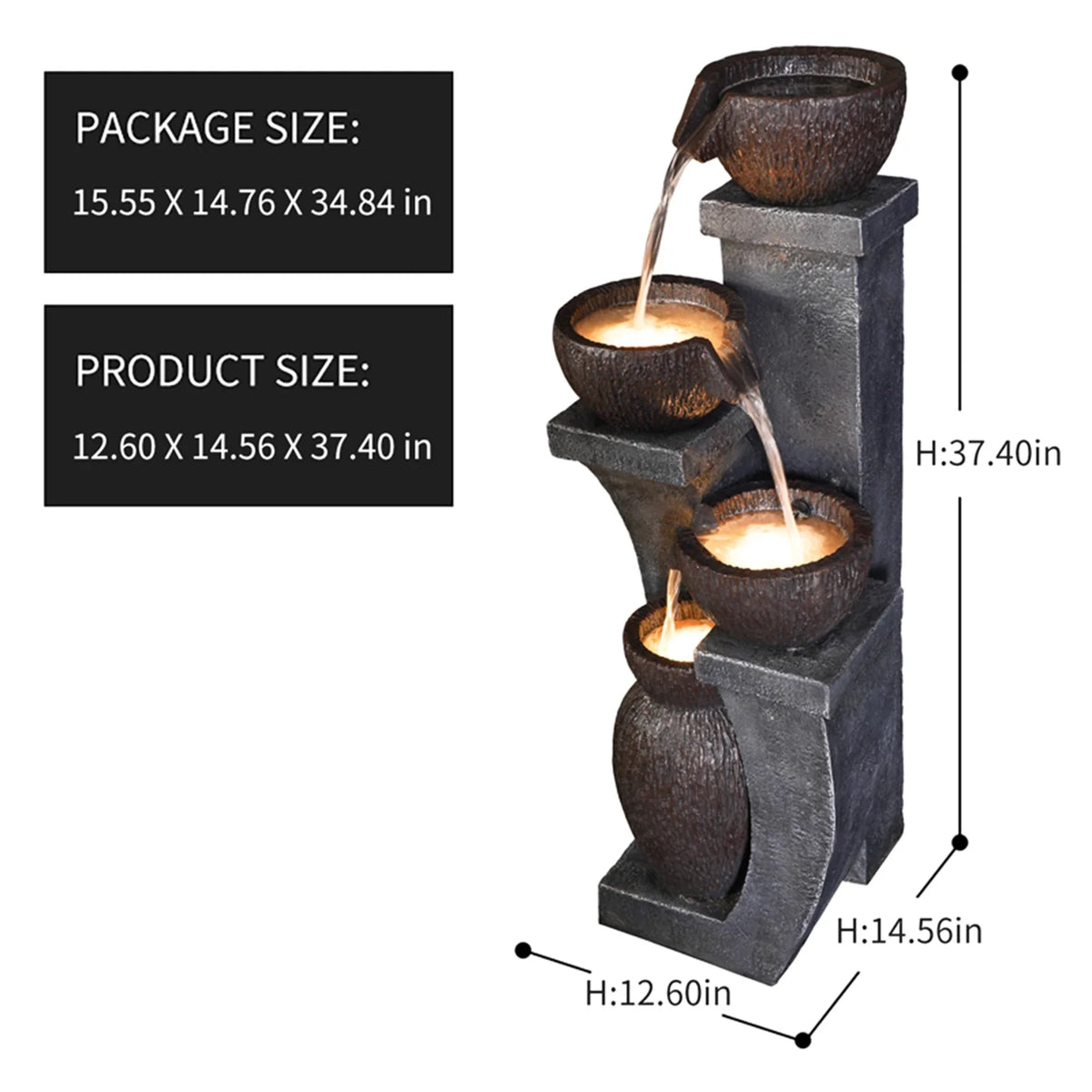 Outdoor Water Garden Fountain 37.40 H Waterfall Small Fountains Cascading Bowl and Jar Water Feature with LED Light for Backyard Patio Porch and Home Art Decor
