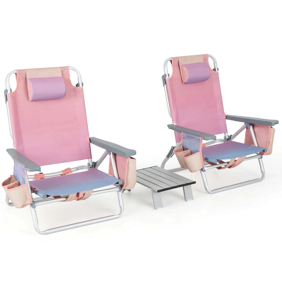 Costway 2-Pack Folding Backpack Beach Chair Table Set 5-Position Outdoor Reclining Chair Pink