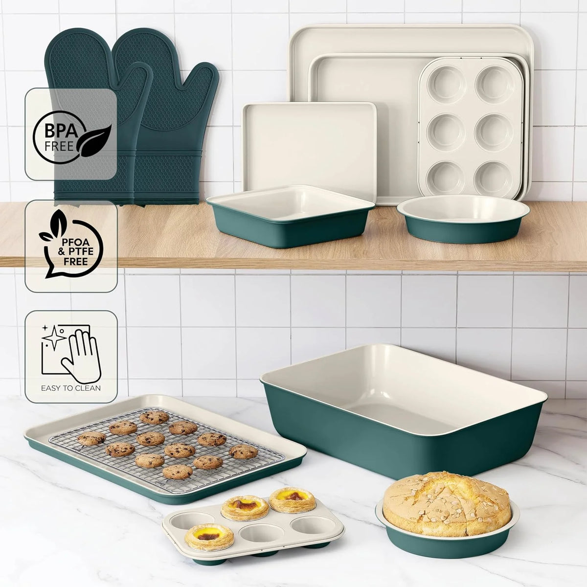 Country Kitchen 13-Piece Nonstick Cookware and Bakeware Set - Pots and Pans Collection with Stackable Design, Cream