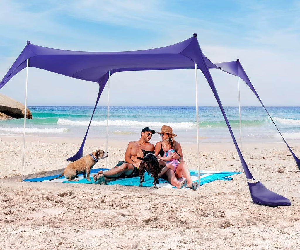 SUN NINJA 10x10.5 FT Pop-Up Beach Tent with Sand Shovel, Pegs & Stability Poles Navy Blue Sun Shelter for Beach, Camping & Outdoor Activities