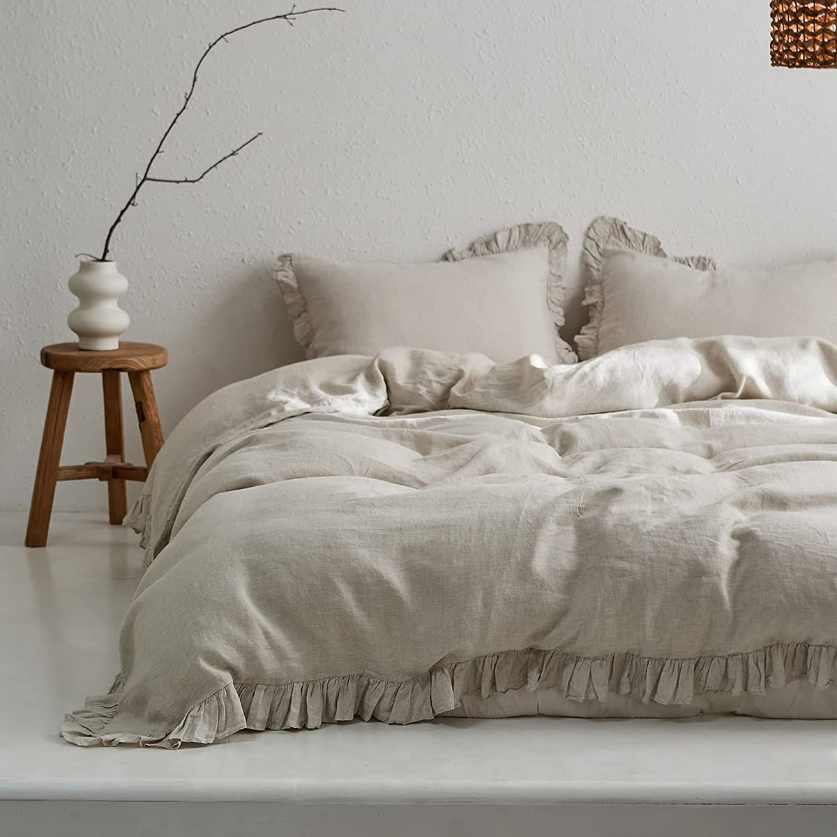 Simple&Opulence 100% Washed Linen Duvet Cover Set-3 Pieces Shabby Chic Premium Ruffled Bedding with 1 Comforter Cover and 2 Pillowshams France Flax High End Frill Sets Vintage Style(King, White)