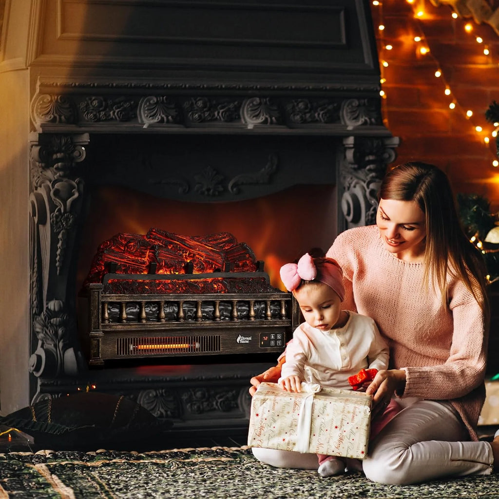 TURBRO Eternal Flame Infrared Electric Fireplace Logs, 23" Remote Control Fireplace Insert Log Heater, Realistic Lemonwood Ember Bed, Thermostat, Timer, 1500W Black