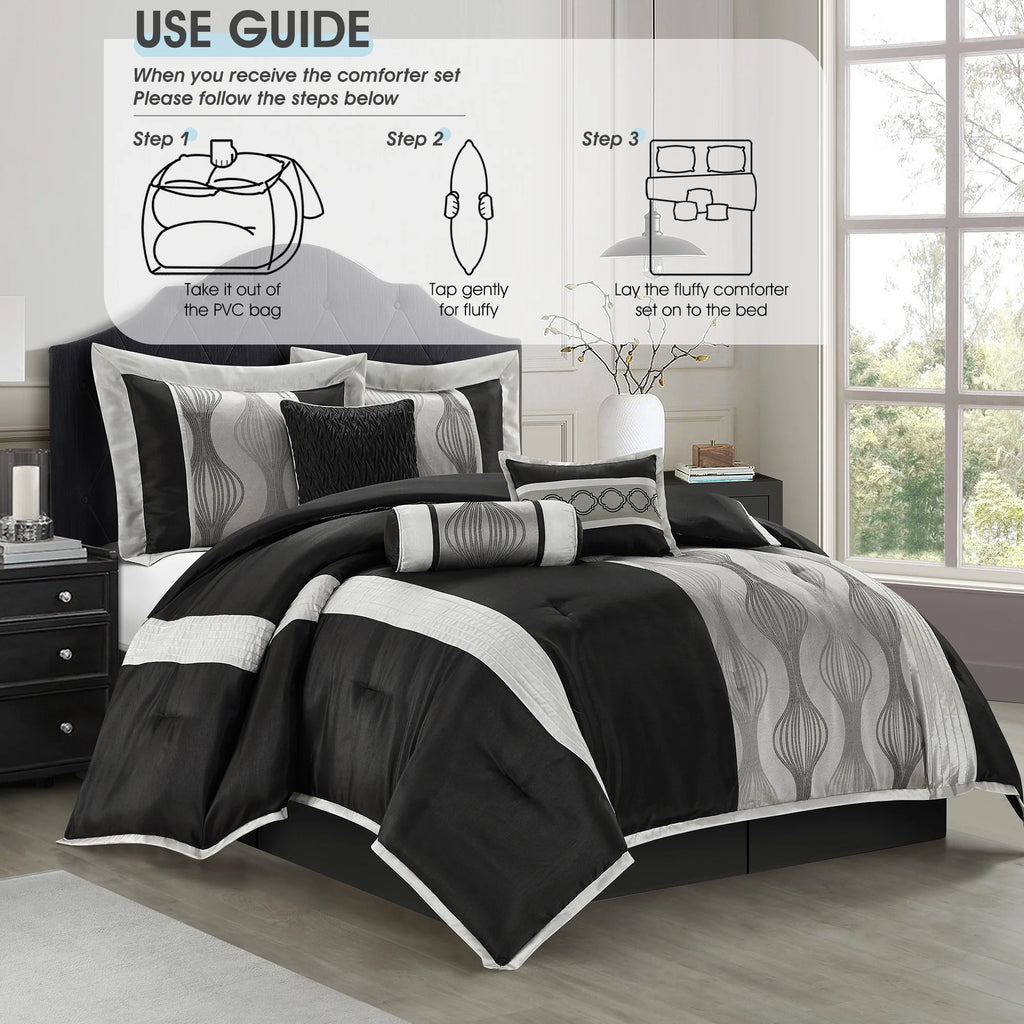 Lanco Black Silver Comforter Set , California King Size , 7 Pieces Fashion Jacquard Bedding Set