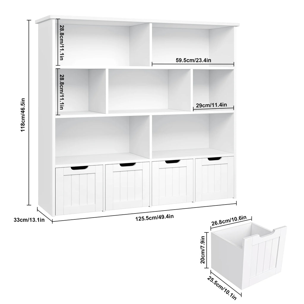 Homfa 7 Cube Toy Storage Organizer, Kids Geometric Bookcase and Bookshelf with 4 Drawers, White
