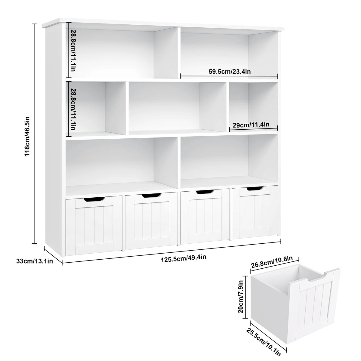 Homfa 7 Cube Toy Storage Organizer, Kids Geometric Bookcase and Bookshelf with 4 Drawers, White
