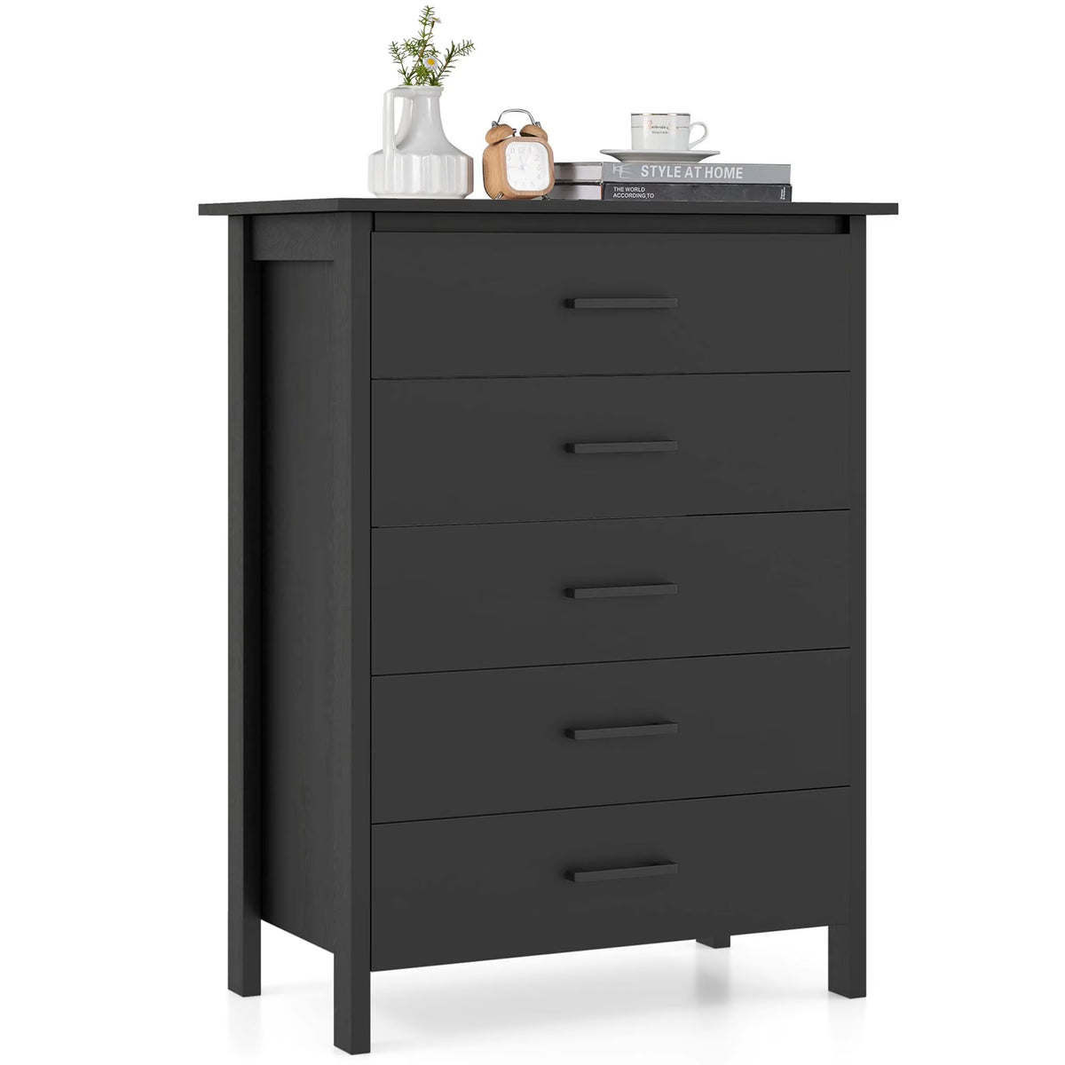 Costway Modern 5 Drawer Chest Storage Dresser Cabinet with Metal Handles Gray Oak