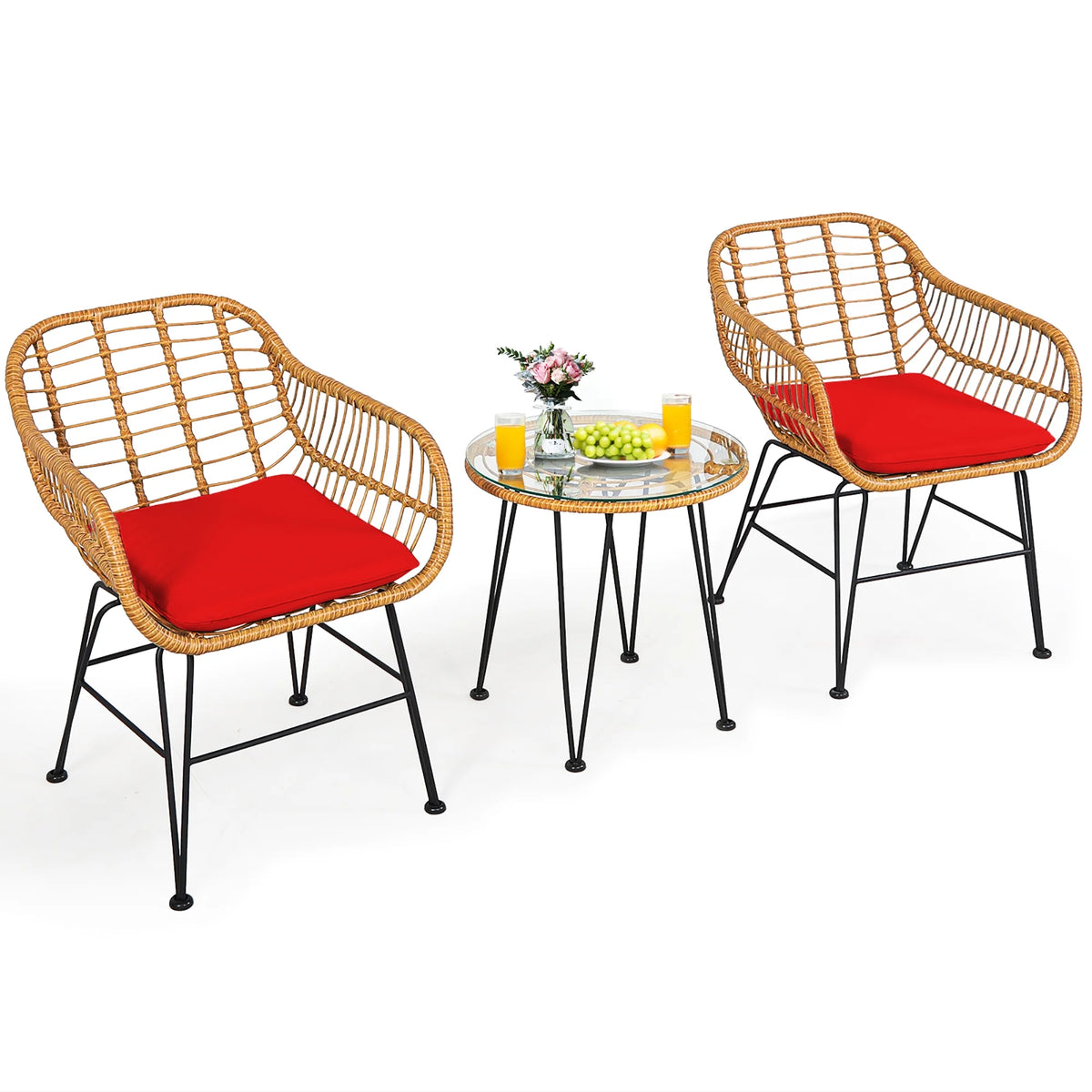 Costway 3PCS Patio Rattan Bistro Furniture Set Cushioned Chair Table Navy