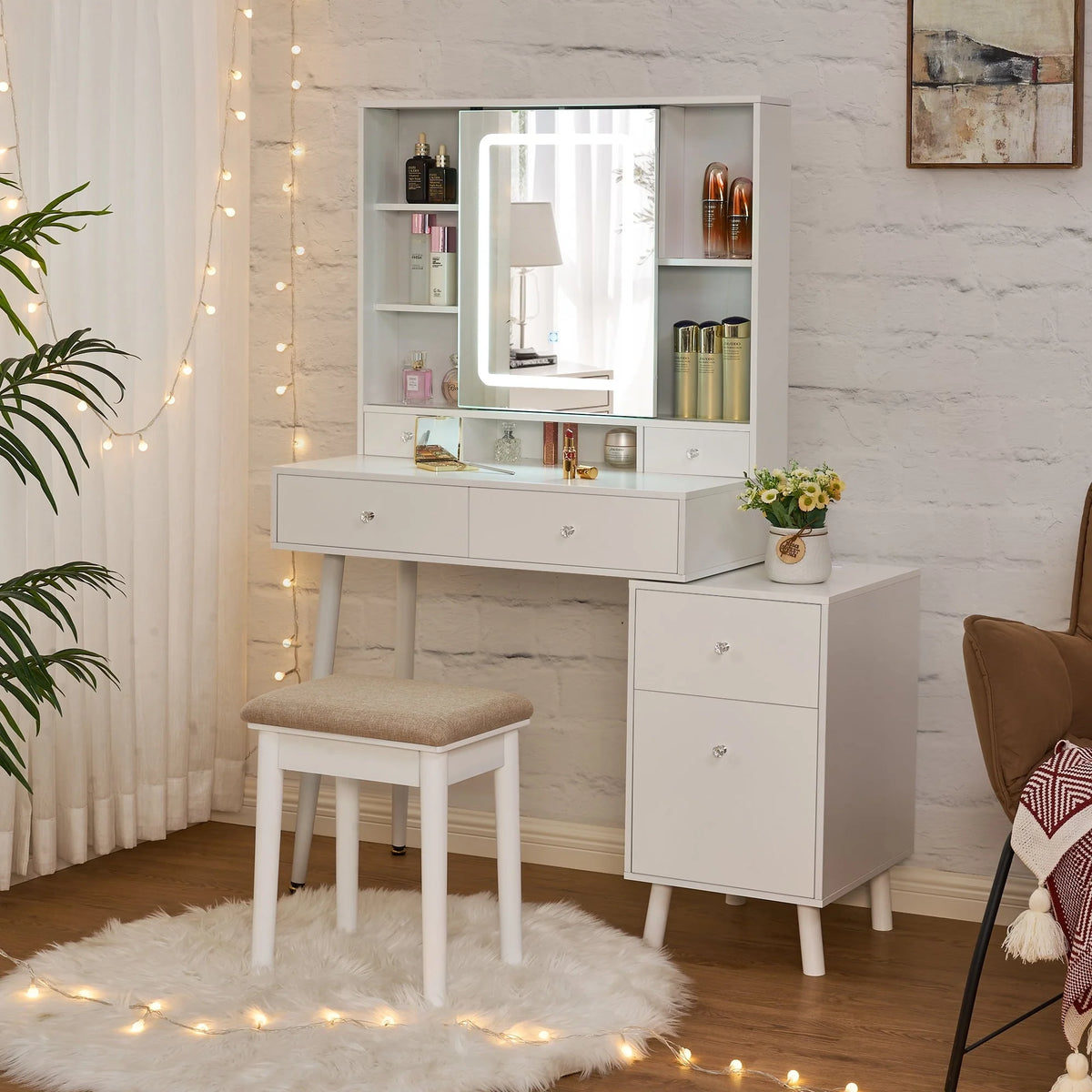 BEWISHOME Vanity Desk, White Vanity with Charging Station & Nightstand, Makeup Desk Makeup Vanity with Lights with 3 Colors Modes, Makeup Table Vanity Table with Sliding Mirror Dressing Table FST19W