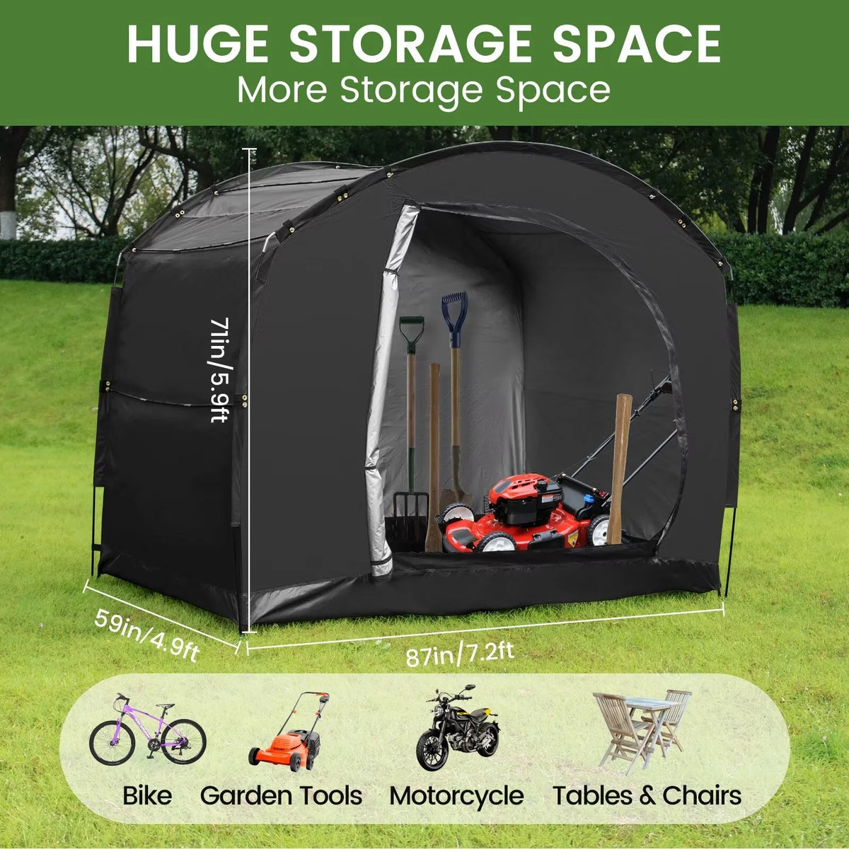 NAIZEA Large Bike Storage Tent, 47" Depth Storage for 6 Bikes Waterproof Outdoor Bicycle Cover, Lawn Mower Garden Tools Shed, Backyard Storage Room Tent Shelter W/Fixing Peg & Rop