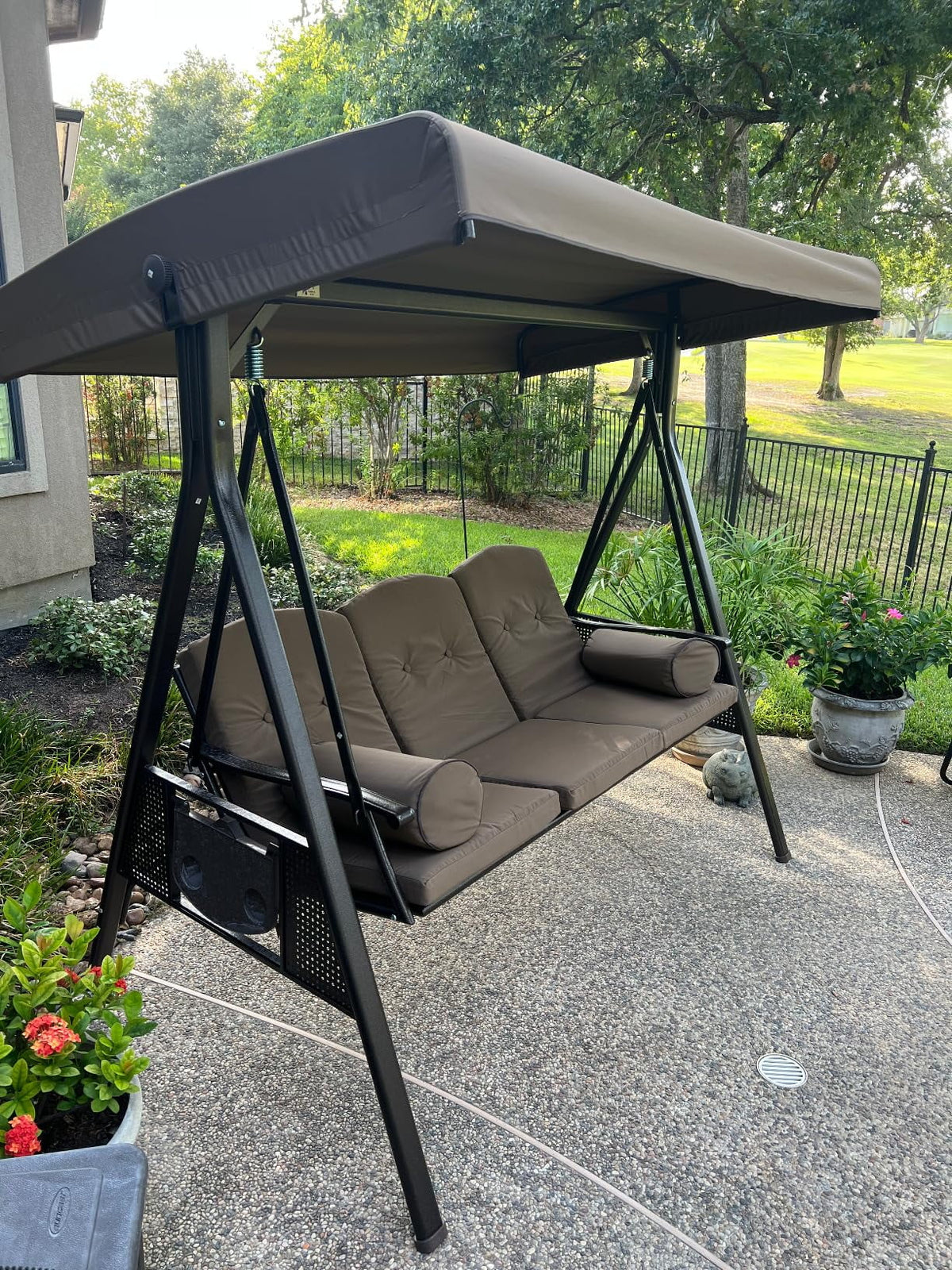 PURPLE LEAF 3-Seat Deluxe Outdoor Patio Porch Swing with Weather Resistant Steel Frame, Adjustable Tilt Canopy, Cushions and Pillow Included, Terra