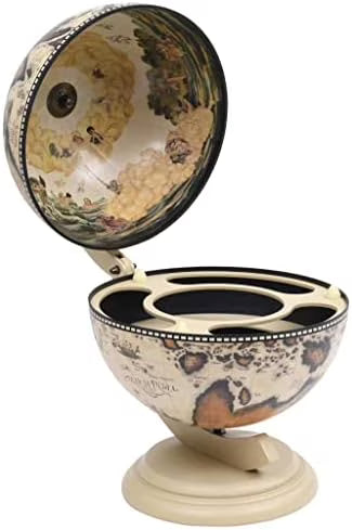 Green & Brown Tabletop Globe Wine Stand - Eucalyptus Wood with Antique Replica Frescoes and 16th  Nautical Maps - Assembly Required