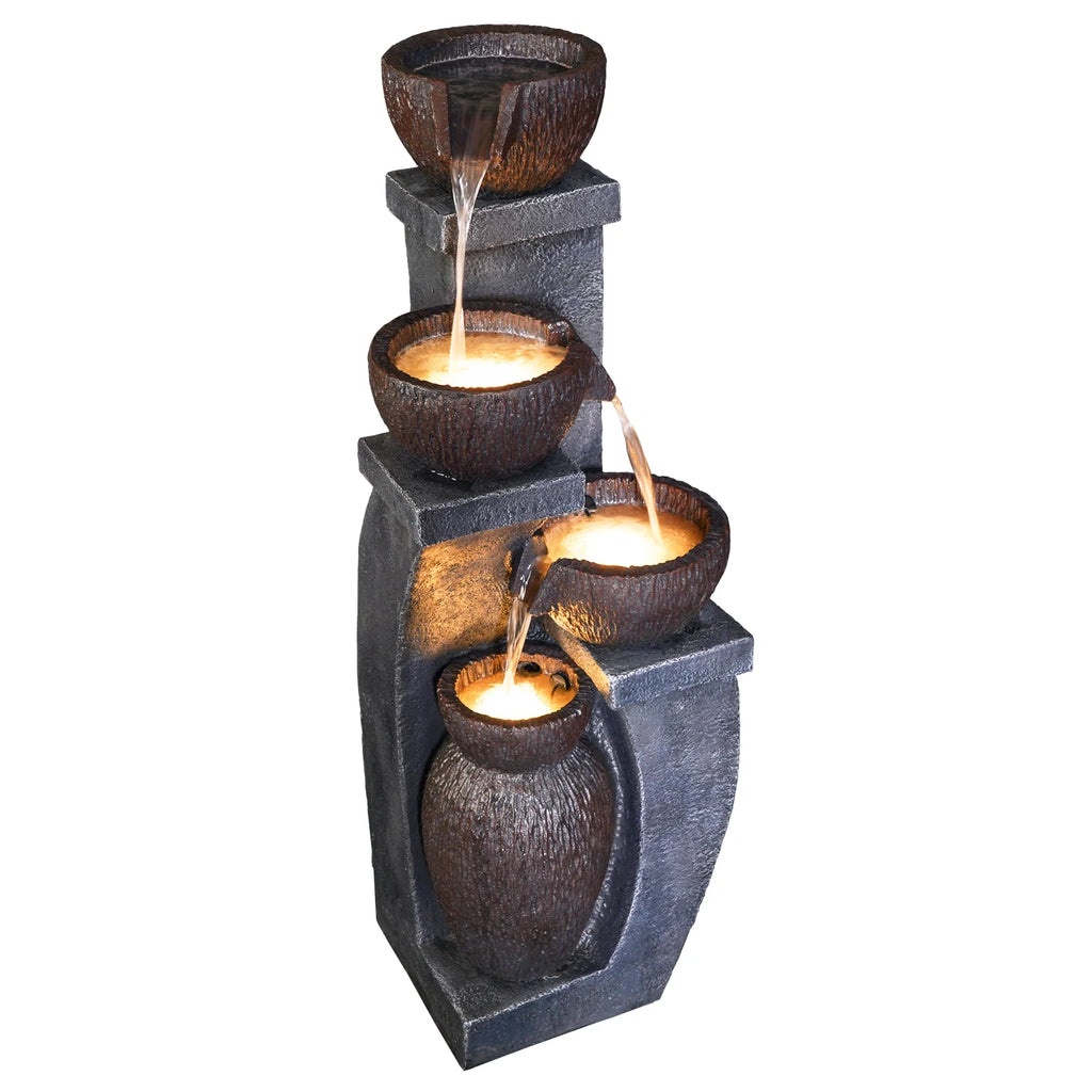 Outdoor Water Garden Fountain 37.40 H Waterfall Small Fountains Cascading Bowl and Jar Water Feature with LED Light for Backyard Patio Porch and Home Art Decor