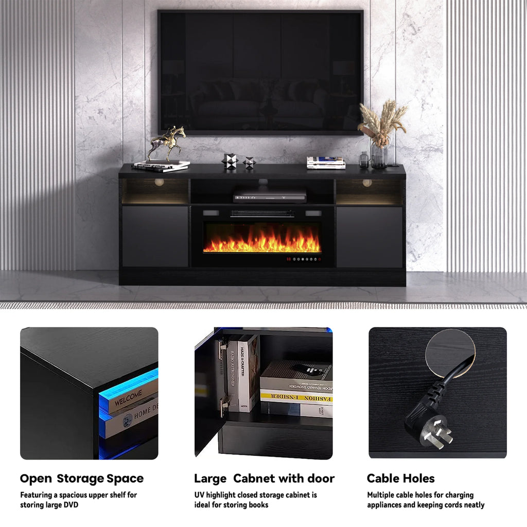 BREEZEHEAT Electric Fireplace TV Stand-70 inch TV Stand with 36" Electric Fireplace-Living Room Tv Cabinet with Storage for TVs Up to 80"-Led Entertainment Center Modern Media Console (Black)