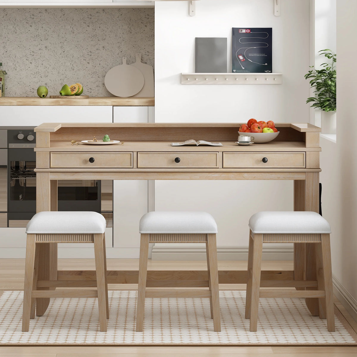 Harper & Bright Designs 4 Piece Bar Table Set for 4, Kitchen Dining Stools Set with 3 Upholstered Stools with 3 Drawers and USB Port, Gray