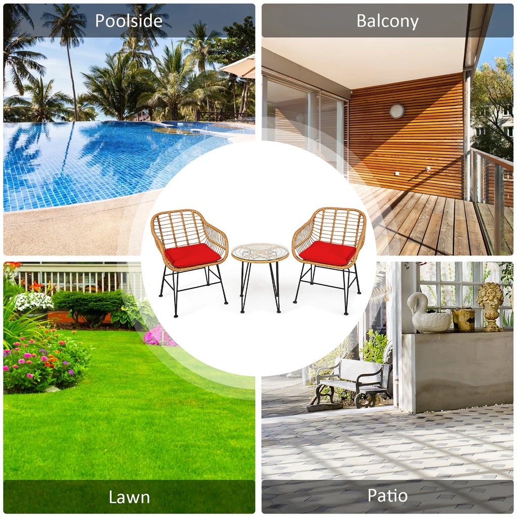 Costway 3PCS Patio Rattan Bistro Furniture Set Cushioned Chair Table Navy