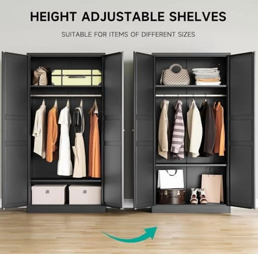 Metal Wardrobe Cabinet with Hanging Rod,Black Armoire Wardrobe Closet,Metal Clothing Storage Cabinet with Adjustable Shelves and Doors,72" Cloth Storage Cabinets for Home,Living/Laundry Room