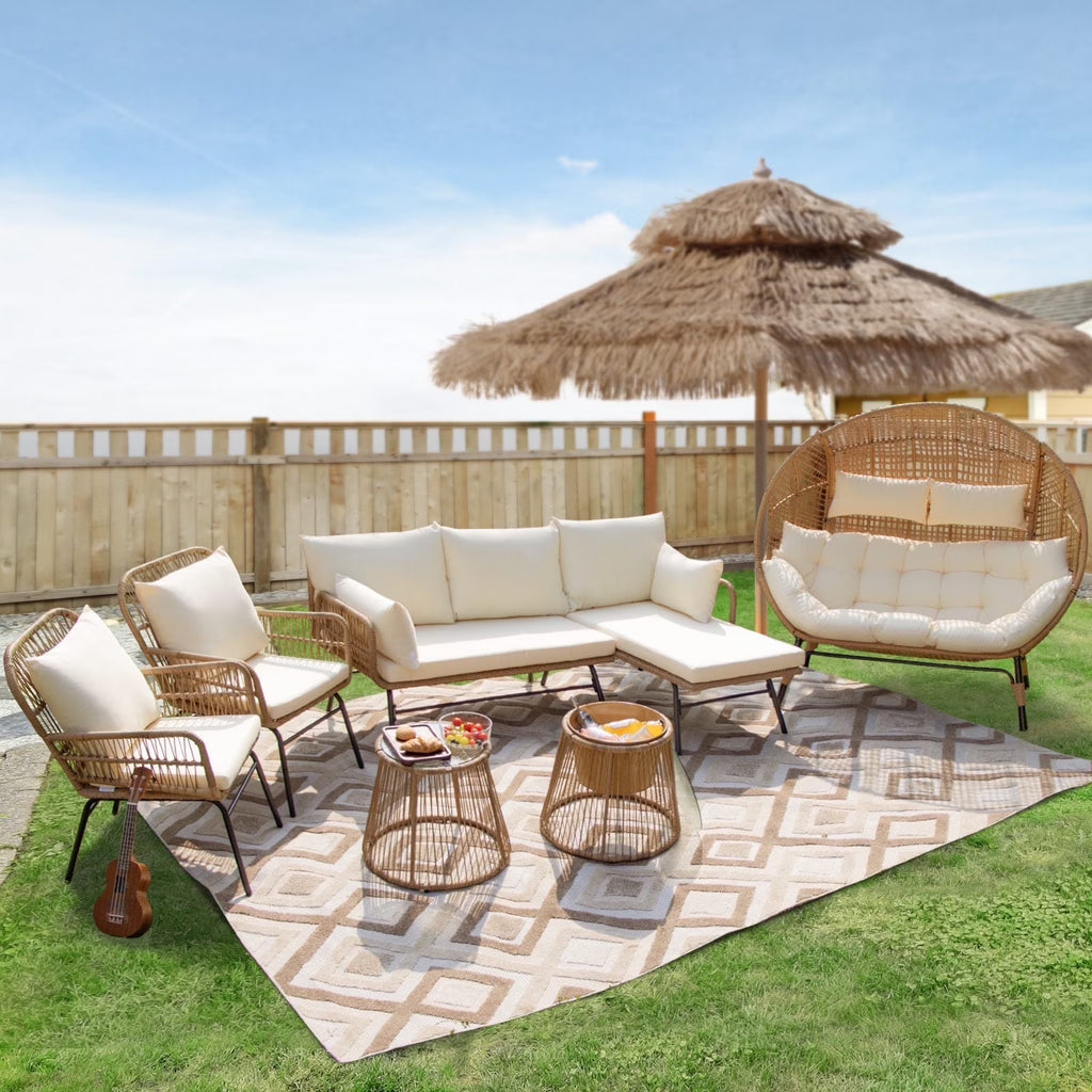 RADIATA 6-Piece Boho Patio Furniture Set, Outdoor Wicker Sectional Sofa Conversation Set with Ice Bucket & Coffee Table, 500lbs Capacity, Beige