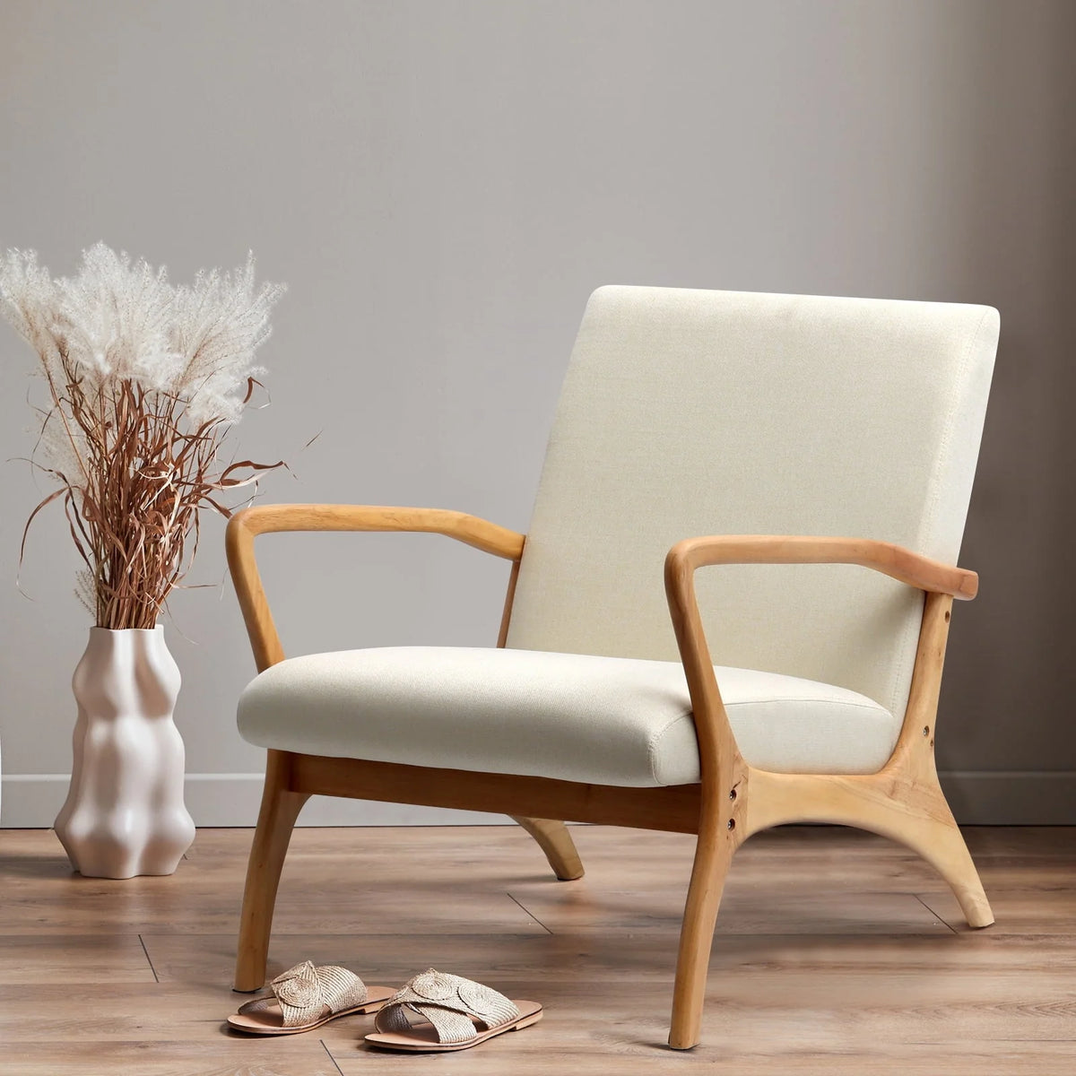 July's Song Mid-Century Modern Accent Chair,Living Room Linen Read Arm Chairs with Cushion,Wood Frame Armchair for Bedroom,Beige