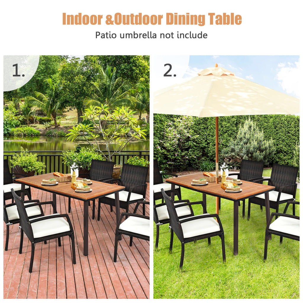 Gymax Rectangle Patio Outdoor Dining Table Acacia Wood Tabletop w/ 2'' Umbrella Hole