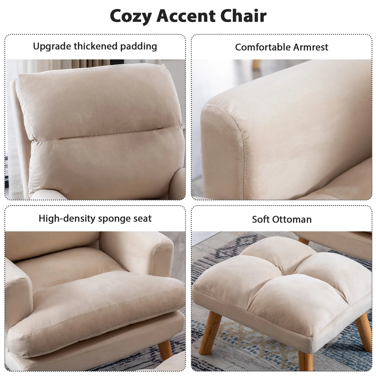 Bestier Adjustable Accent Chairs with Ottoman, Velvet Fabric Armchair for Bedroom Living Room, Comfy Lounge Chair with Padded Backrest and Side Pocket, Soft Reading Chair, Beige