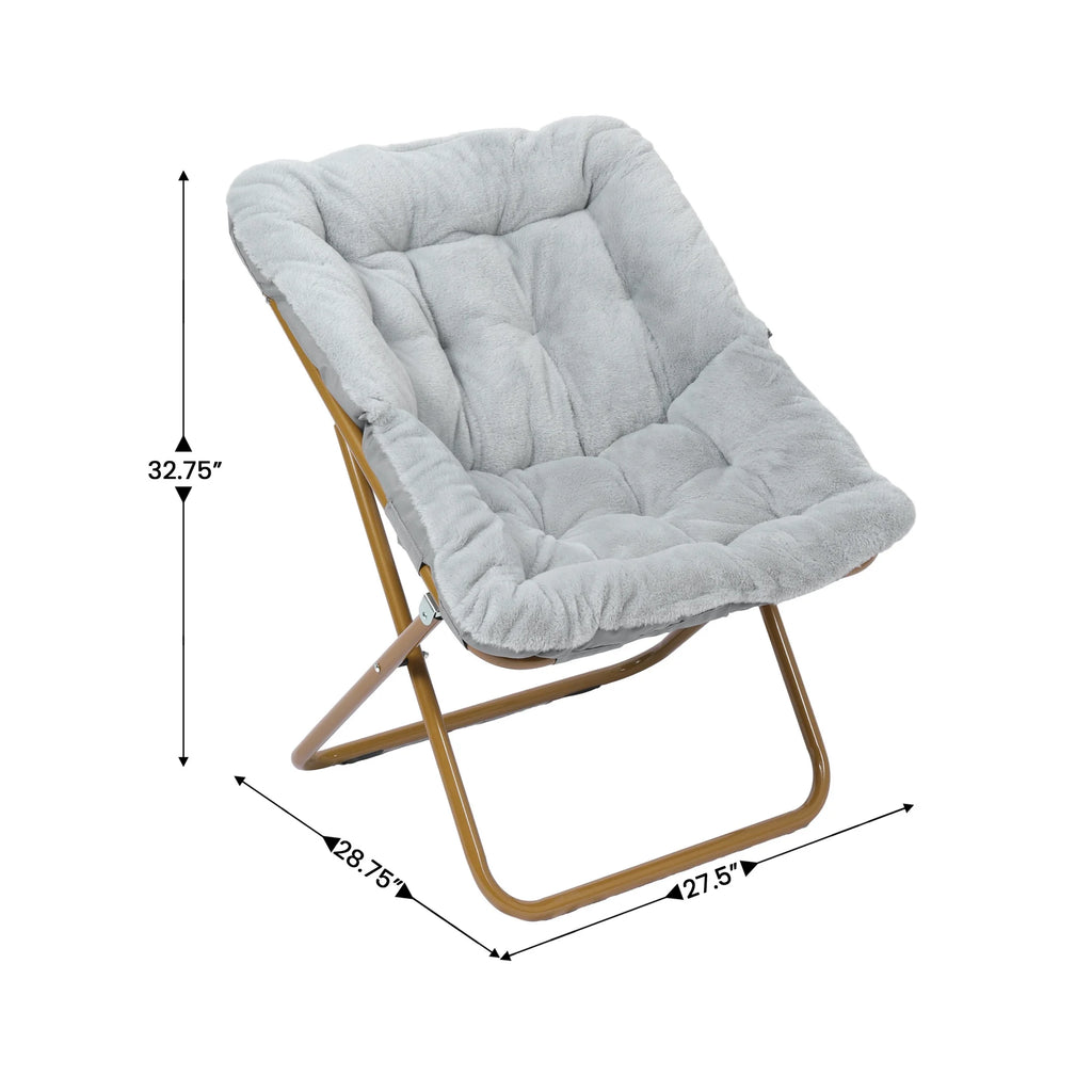 Emma + Oliver Oversized Faux Fur Folding Saucer Chair for Dorm, Bedroom, Black Faux Fur/Black Frame
