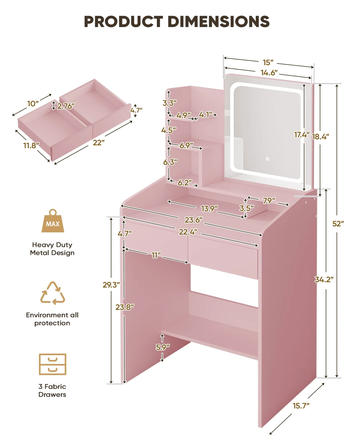 LIVELYGLOW Vanity Desk Set with Square Mirror and Light- Small Vanity Table with Drawers- White